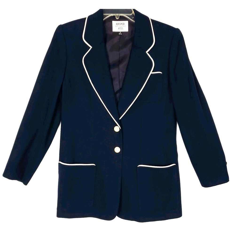 Kasper A.S.L. Women's Wool Blazer Size 8 Navy Long Sleeve Cream Trim Two-Button